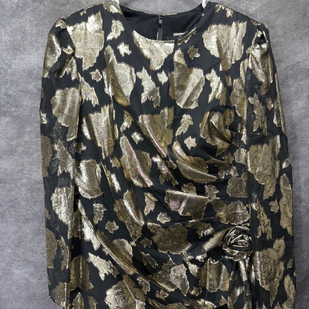 David Rose Vintage 80s Gold Metallic Brocade Floral Dress Size 16 Party Glam - Picture 2 of 15